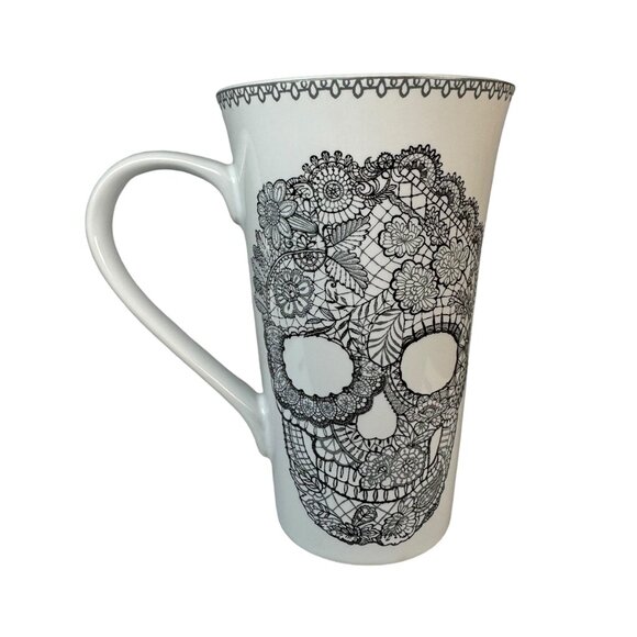 222 Fifth Skull Lace White & Black Porcelain Tall Coffee Mug Cup Goth Punk Witch - Picture 4 of 9